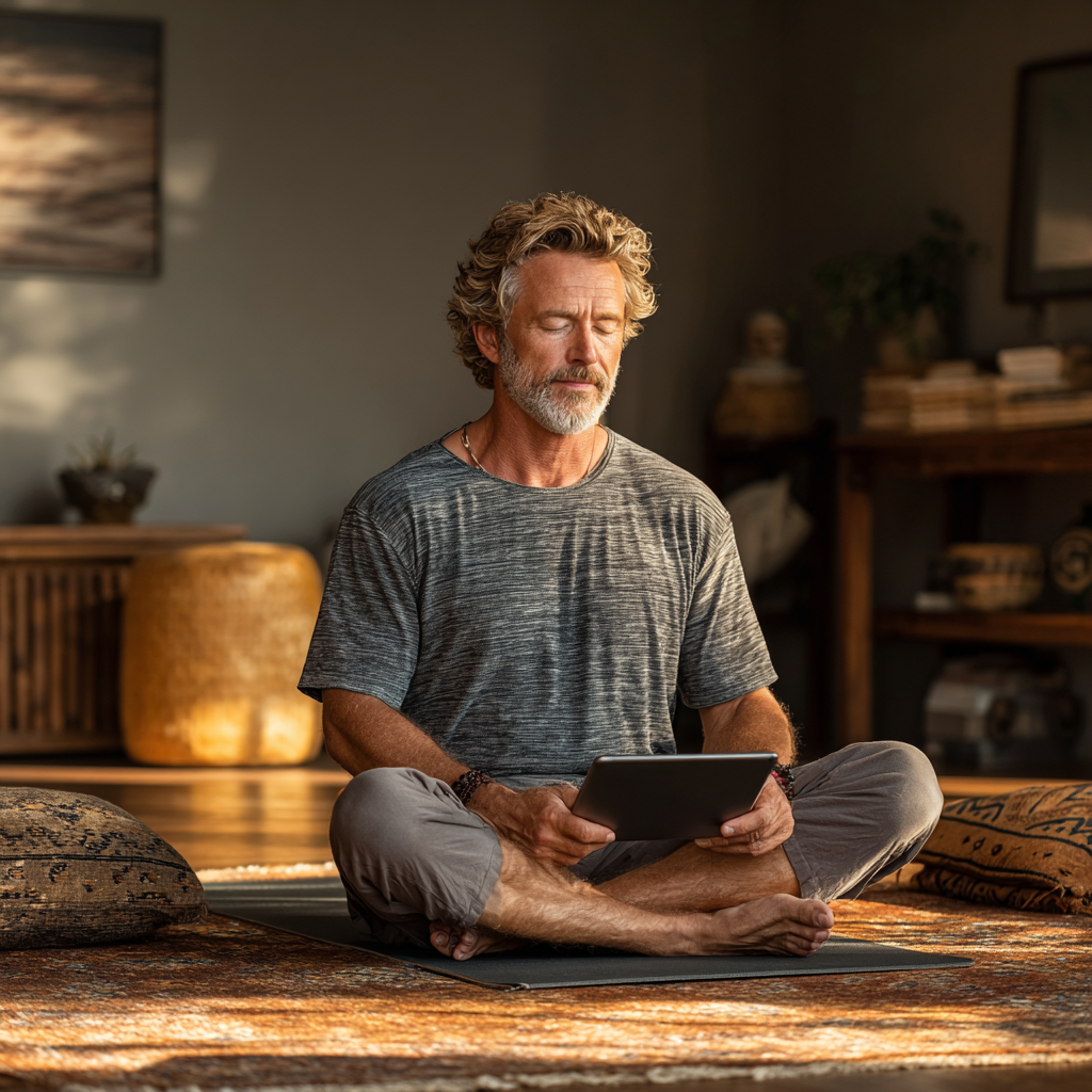 Mature man in his early 50s practicing yoga at home while following online class on tablet, comfortable home yoga setup with mat and props, natural lighting