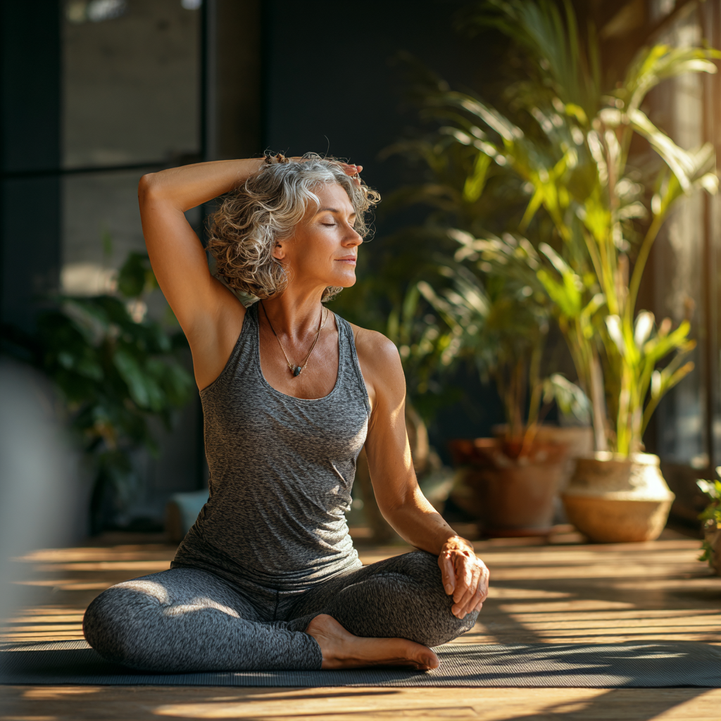 Peaceful yoga instructor woman around 45 years old demonstrating a graceful yoga pose in a bright studio, surrounded by plants and natural light, embodying calm and balance