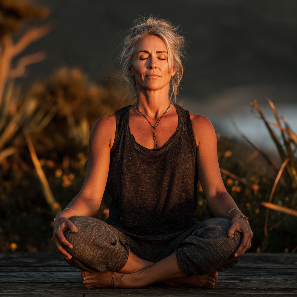 Serene middle-aged woman in her late 40s practicing yoga meditation pose outdoors in natural setting, wearing comfortable yoga clothes, peaceful expression